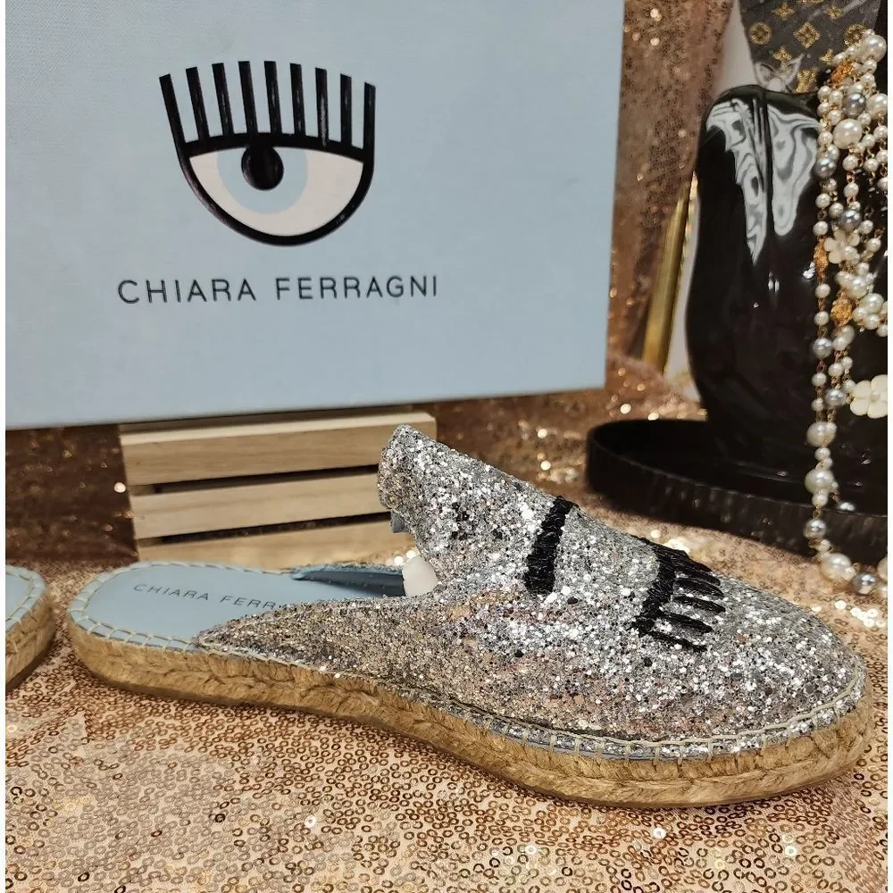 CHIARA FERRAGNI Glitter Espadrille Mules In Silver